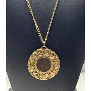 Vintage 1970s Gold Tone Zodiac Wheel Indian Head Penny Medallion Nceklace – Astr